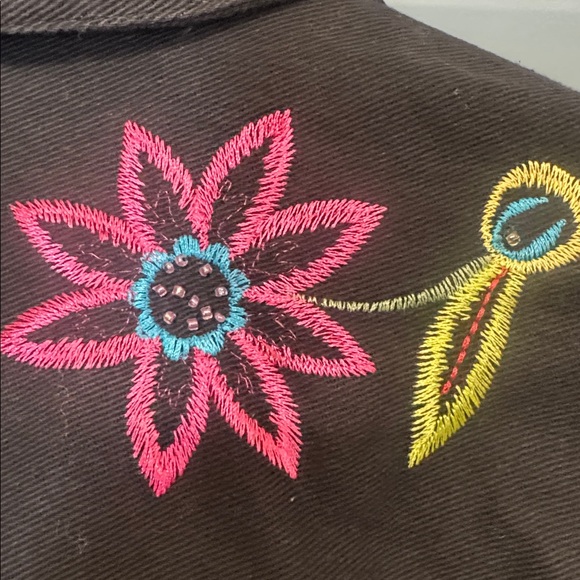 Boho Embroidered Floral Jacket Black Cotton White Stag Large - Picture 4 of 5